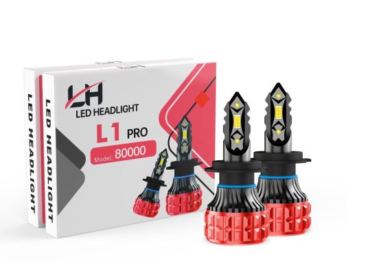 LED headlight bulbs in a box, featuring two units with a black and red design.
