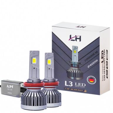 LED headlight bulbs with packaging, labeled "L3 LED," featuring two bulbs and a control unit.