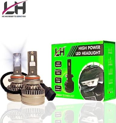 High-power LED headlight bulbs with a green box packaging.